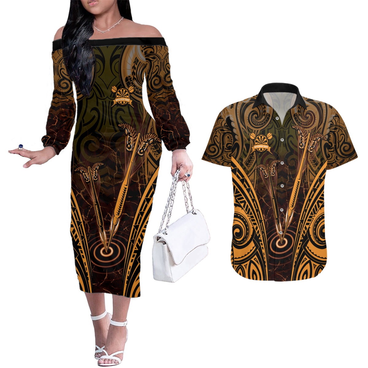 Personalised New Zealand Darts Couples Matching Off The Shoulder Long Sleeve Dress and Hawaiian Shirt Gold Dart Board Maori Pattern LT05 Gold - Polynesian Pride