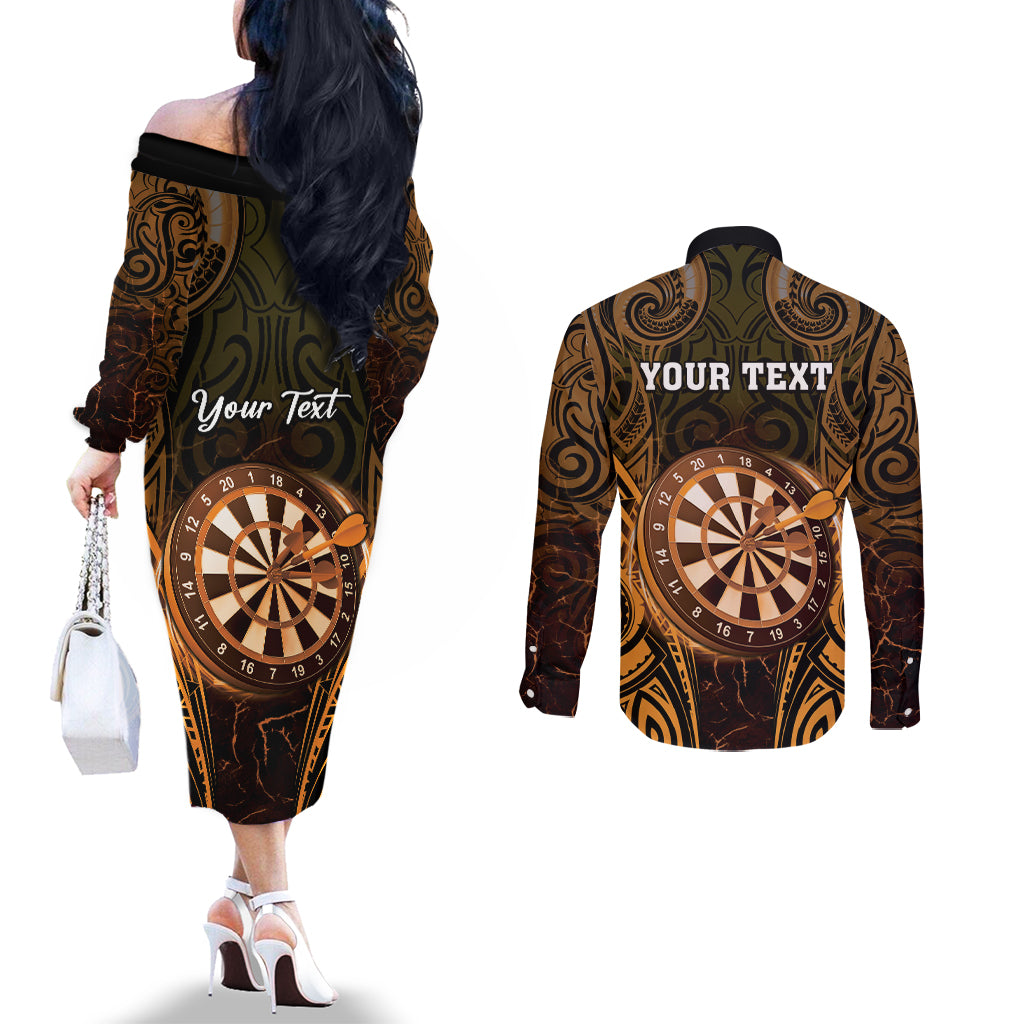 Personalised New Zealand Darts Couples Matching Off The Shoulder Long Sleeve Dress and Long Sleeve Button Shirt Gold Dart Board Maori Pattern LT05 - Polynesian Pride
