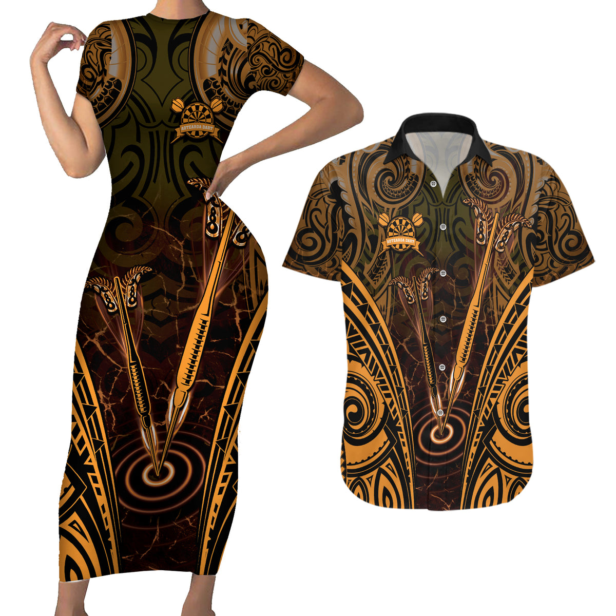 Personalised New Zealand Darts Couples Matching Short Sleeve Bodycon Dress and Hawaiian Shirt Gold Dart Board Maori Pattern LT05 Gold - Polynesian Pride