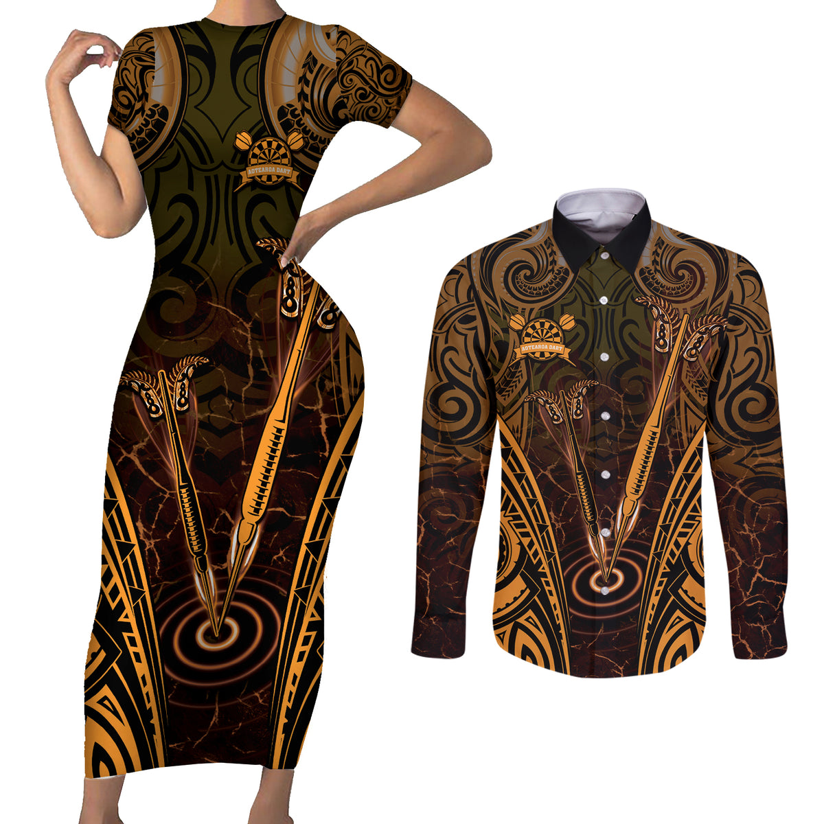 Personalised New Zealand Darts Couples Matching Short Sleeve Bodycon Dress and Long Sleeve Button Shirt Gold Dart Board Maori Pattern LT05 Gold - Polynesian Pride