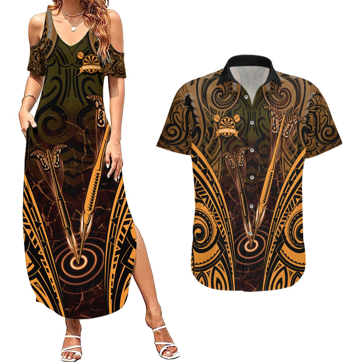 Personalised New Zealand Darts Couples Matching Summer Maxi Dress and Hawaiian Shirt Gold Dart Board Maori Pattern LT05 Gold - Polynesian Pride