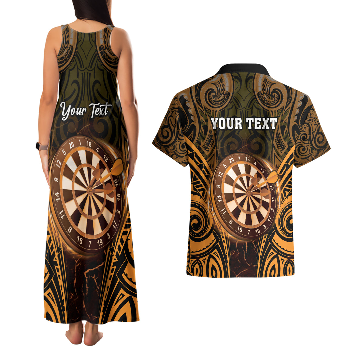 Personalised New Zealand Darts Couples Matching Tank Maxi Dress and Hawaiian Shirt Gold Dart Board Maori Pattern LT05 - Polynesian Pride