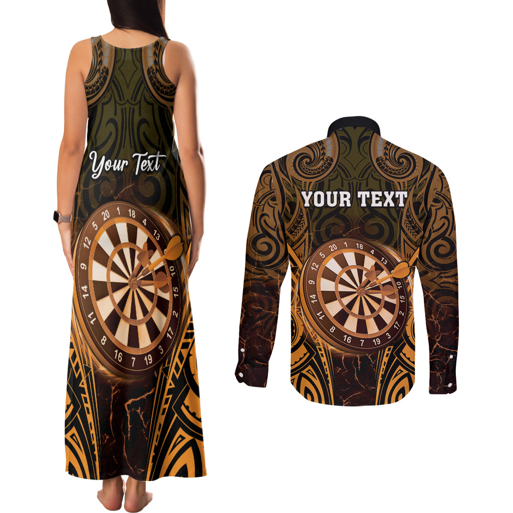 Personalised New Zealand Darts Couples Matching Tank Maxi Dress and Long Sleeve Button Shirt Gold Dart Board Maori Pattern LT05 - Polynesian Pride
