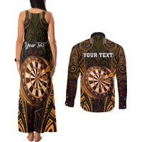 Personalised New Zealand Darts Couples Matching Tank Maxi Dress and Long Sleeve Button Shirt Gold Dart Board Maori Pattern LT05 - Polynesian Pride
