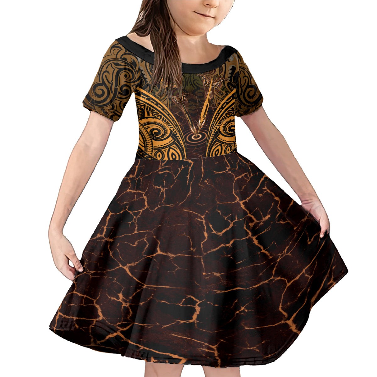 Personalised New Zealand Darts Family Matching Mermaid Dress and Hawaiian Shirt Gold Dart Board Maori Pattern LT05 Daughter's Dress Gold - Polynesian Pride