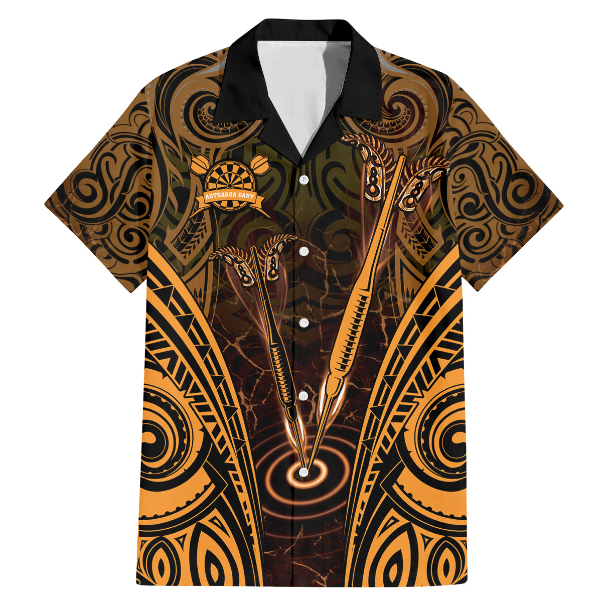 Personalised New Zealand Darts Family Matching Mermaid Dress and Hawaiian Shirt Gold Dart Board Maori Pattern LT05 Dad's Shirt - Short Sleeve Gold - Polynesian Pride