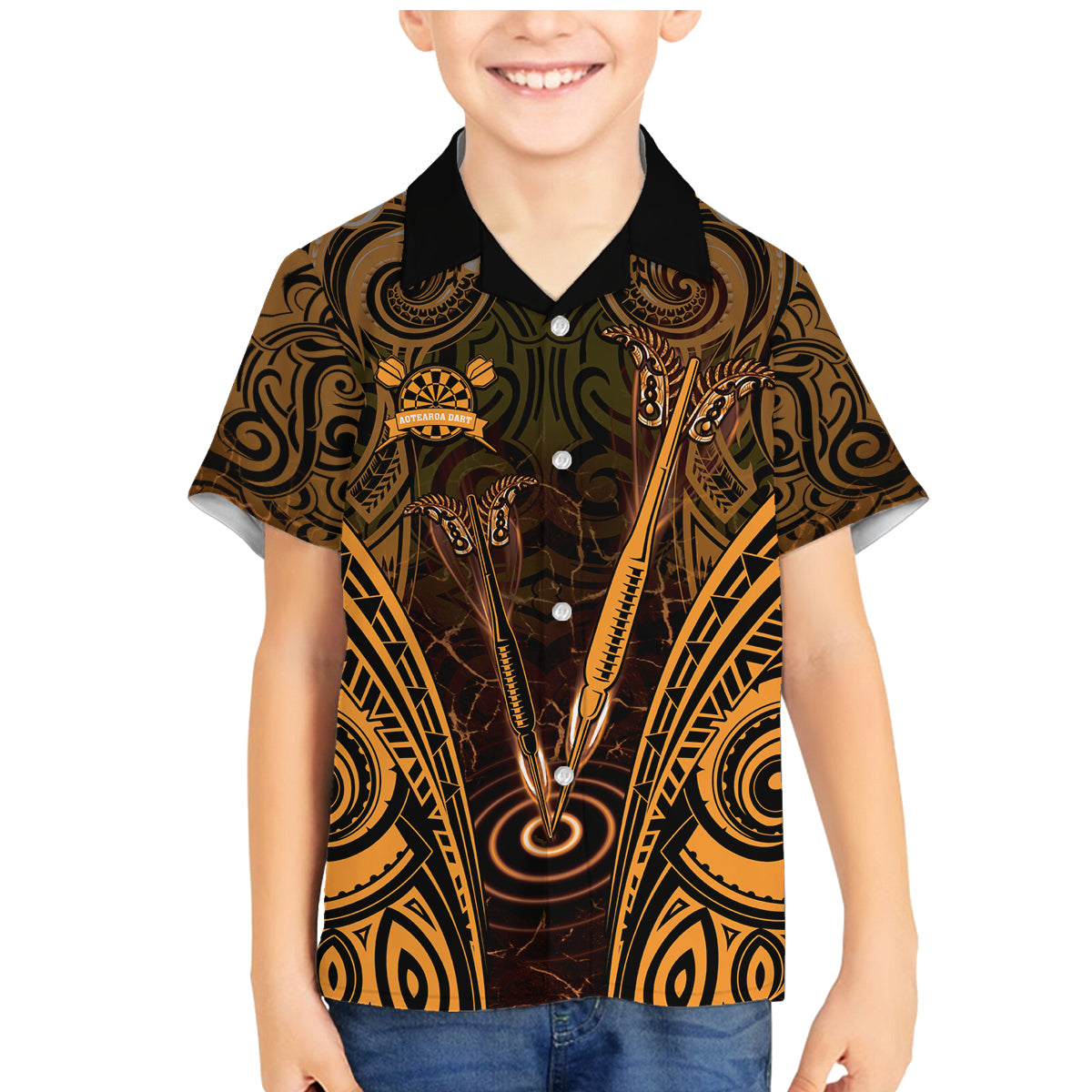 Personalised New Zealand Darts Family Matching Mermaid Dress and Hawaiian Shirt Gold Dart Board Maori Pattern LT05 Son's Shirt Gold - Polynesian Pride