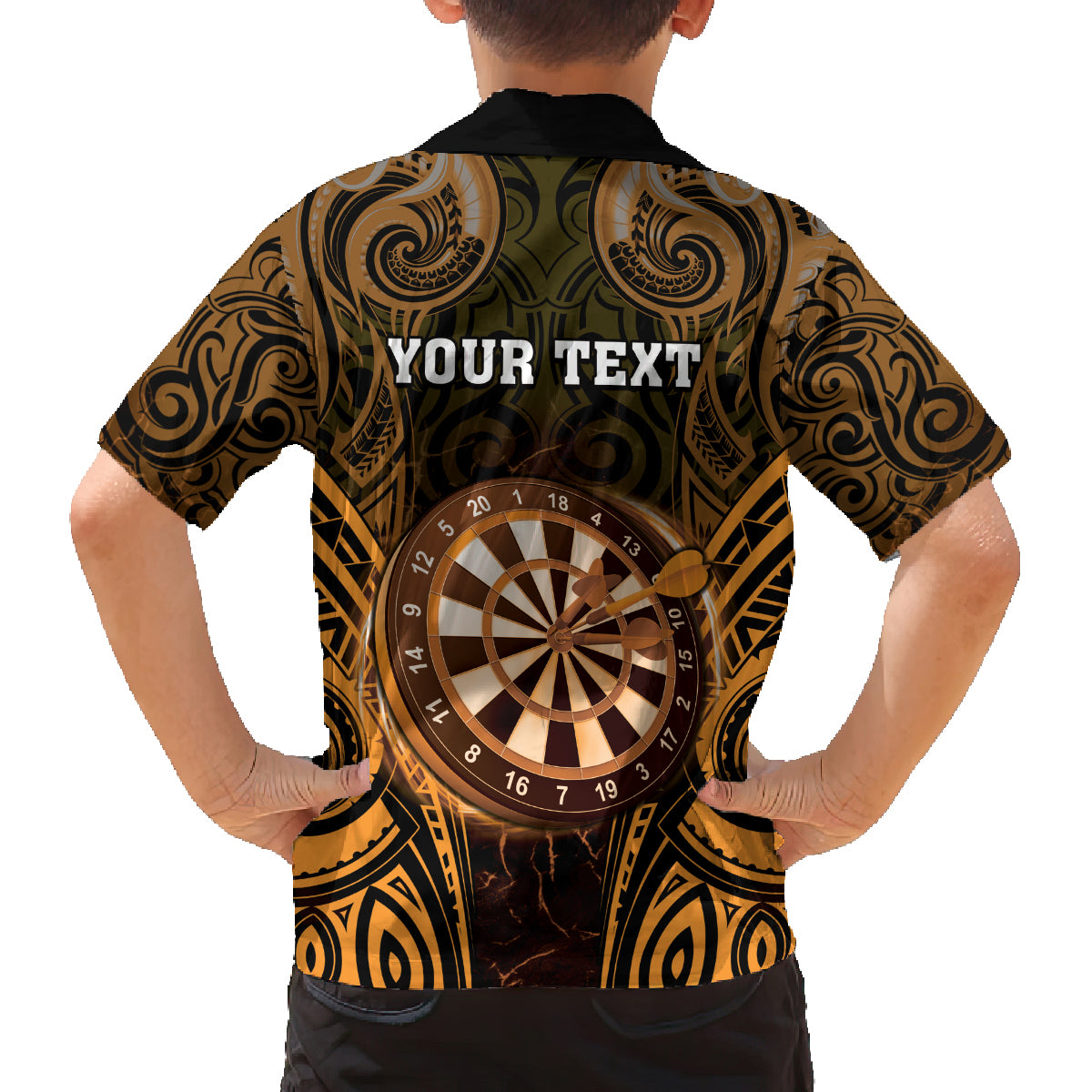 Personalised New Zealand Darts Family Matching Off The Shoulder Long Sleeve Dress and Hawaiian Shirt Gold Dart Board Maori Pattern LT05 - Polynesian Pride