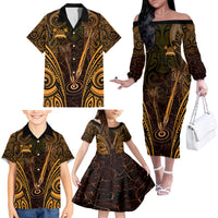 Personalised New Zealand Darts Family Matching Off The Shoulder Long Sleeve Dress and Hawaiian Shirt Gold Dart Board Maori Pattern LT05 - Polynesian Pride