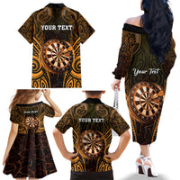 Personalised New Zealand Darts Family Matching Off The Shoulder Long Sleeve Dress and Hawaiian Shirt Gold Dart Board Maori Pattern LT05 - Polynesian Pride