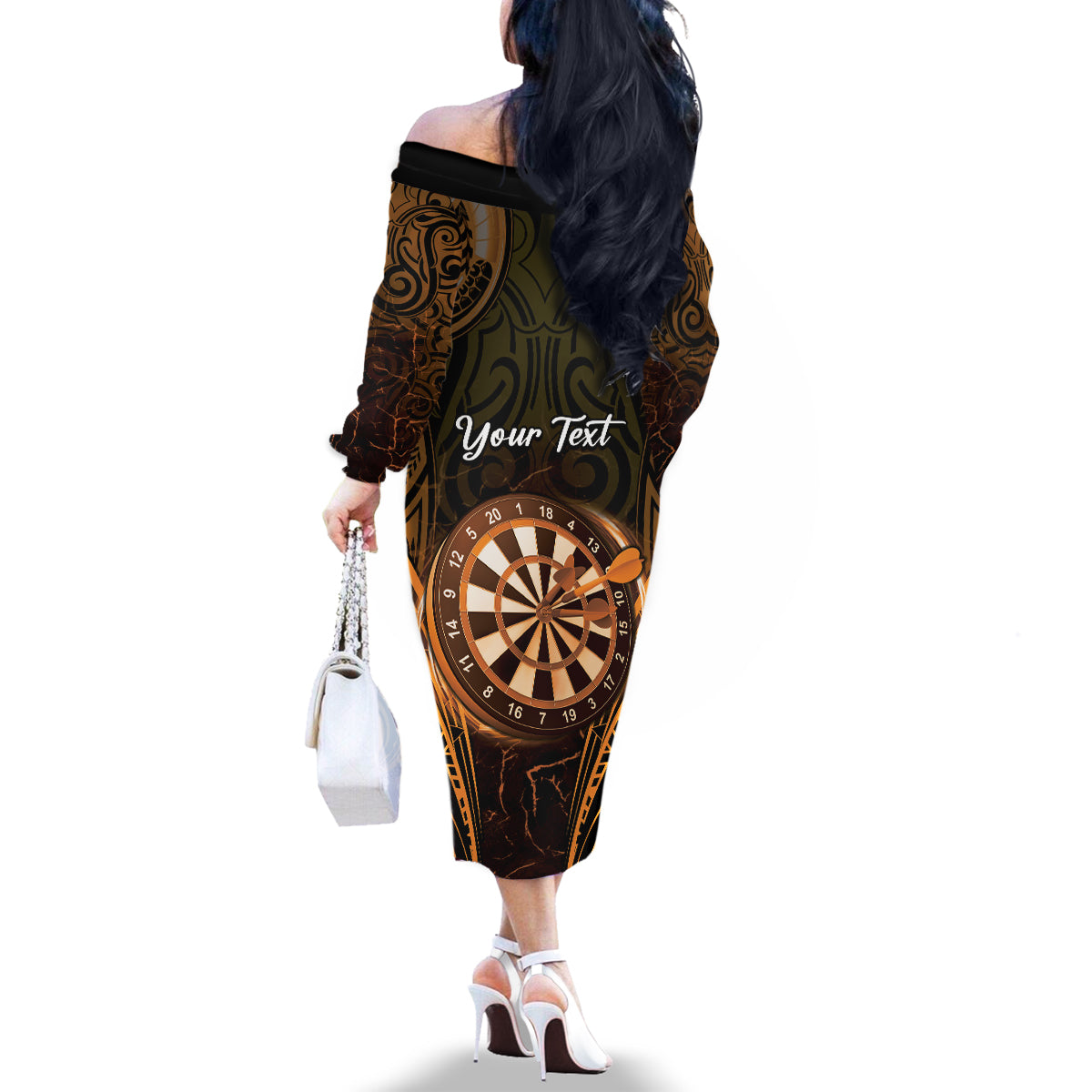 Personalised New Zealand Darts Family Matching Off The Shoulder Long Sleeve Dress and Hawaiian Shirt Gold Dart Board Maori Pattern LT05 - Polynesian Pride