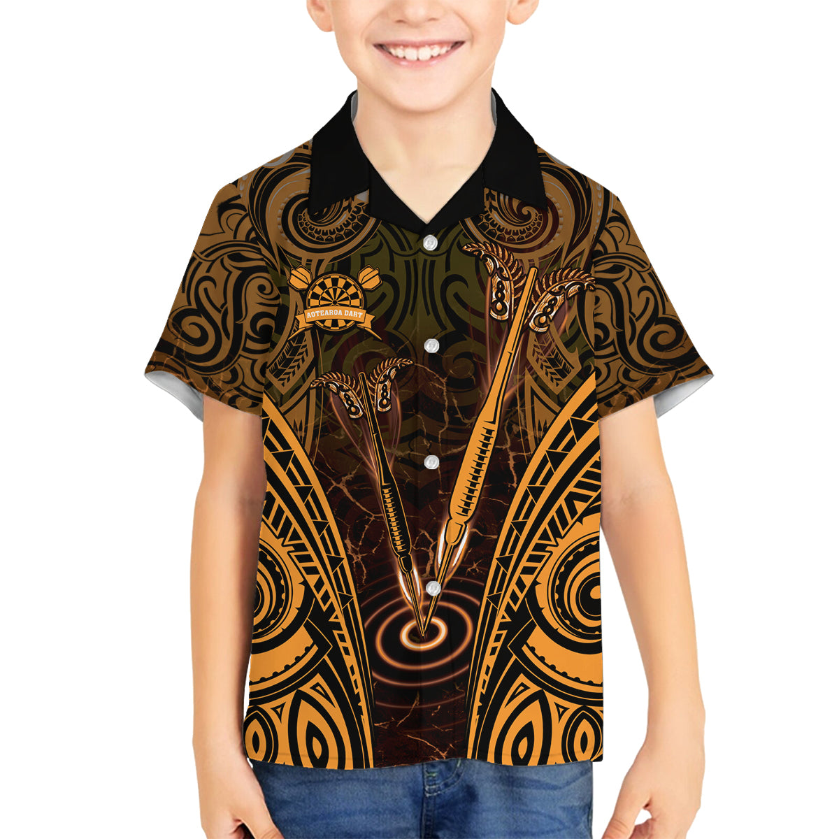 Personalised New Zealand Darts Family Matching Off Shoulder Maxi Dress and Hawaiian Shirt Gold Dart Board Maori Pattern LT05 Son's Shirt Gold - Polynesian Pride