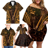 Personalised New Zealand Darts Family Matching Off Shoulder Short Dress and Hawaiian Shirt Gold Dart Board Maori Pattern LT05 - Polynesian Pride