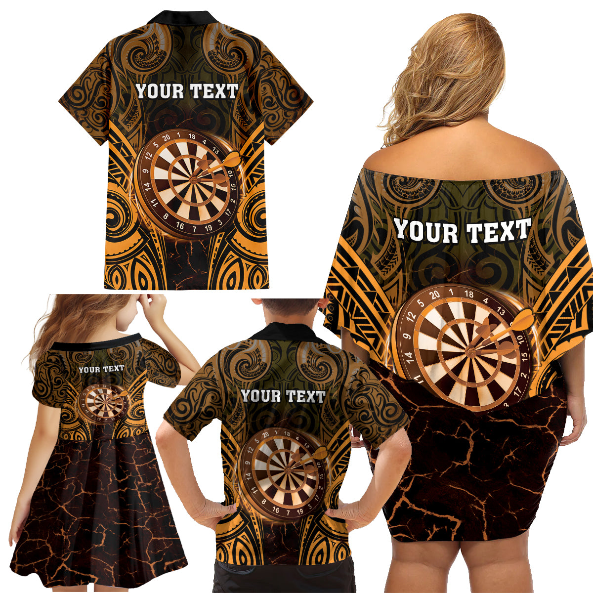 Personalised New Zealand Darts Family Matching Off Shoulder Short Dress and Hawaiian Shirt Gold Dart Board Maori Pattern LT05 - Polynesian Pride