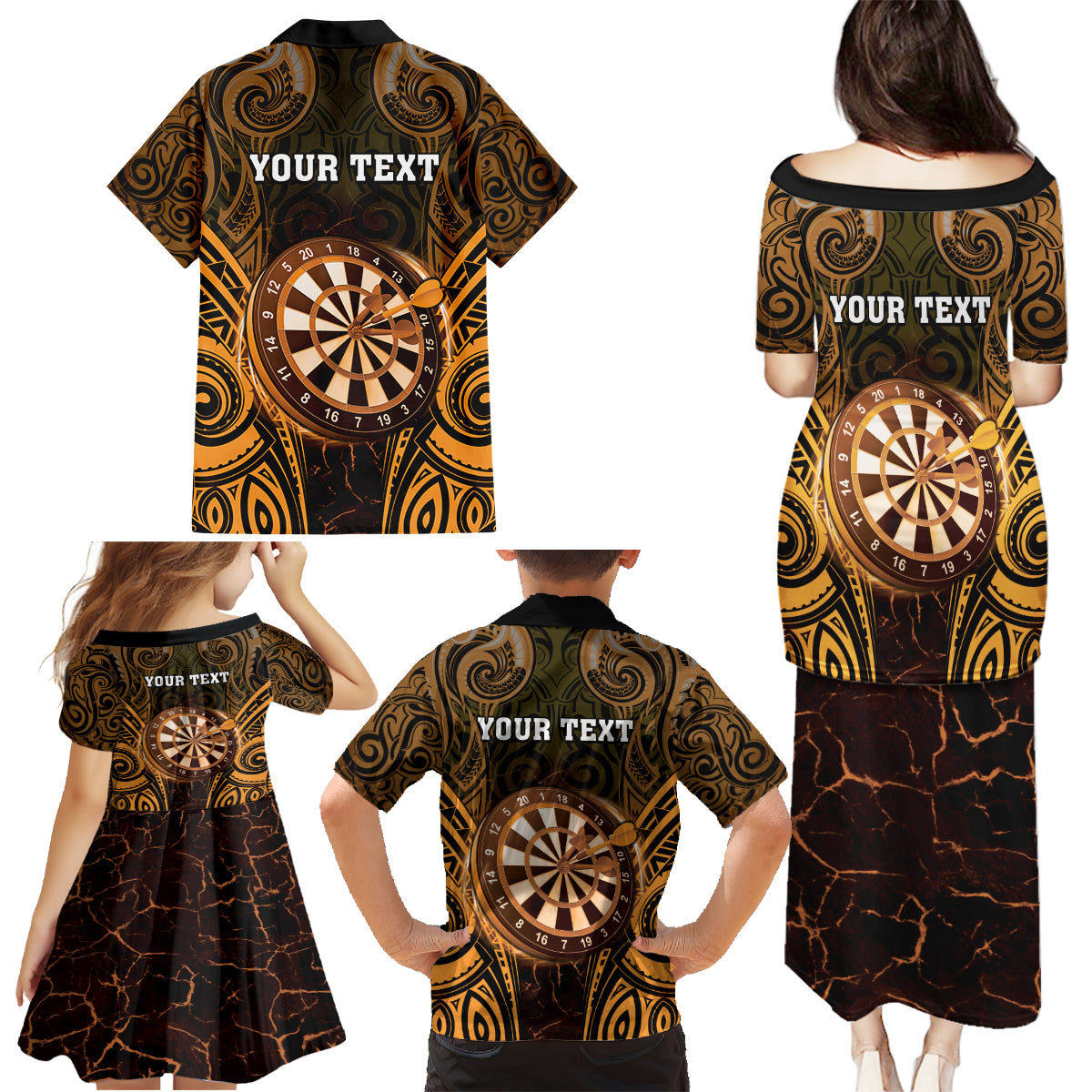 Personalised New Zealand Darts Family Matching Puletasi and Hawaiian Shirt Gold Dart Board Maori Pattern LT05 - Polynesian Pride