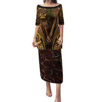 Personalised New Zealand Darts Family Matching Puletasi and Hawaiian Shirt Gold Dart Board Maori Pattern LT05 Mom's Dress Gold - Polynesian Pride
