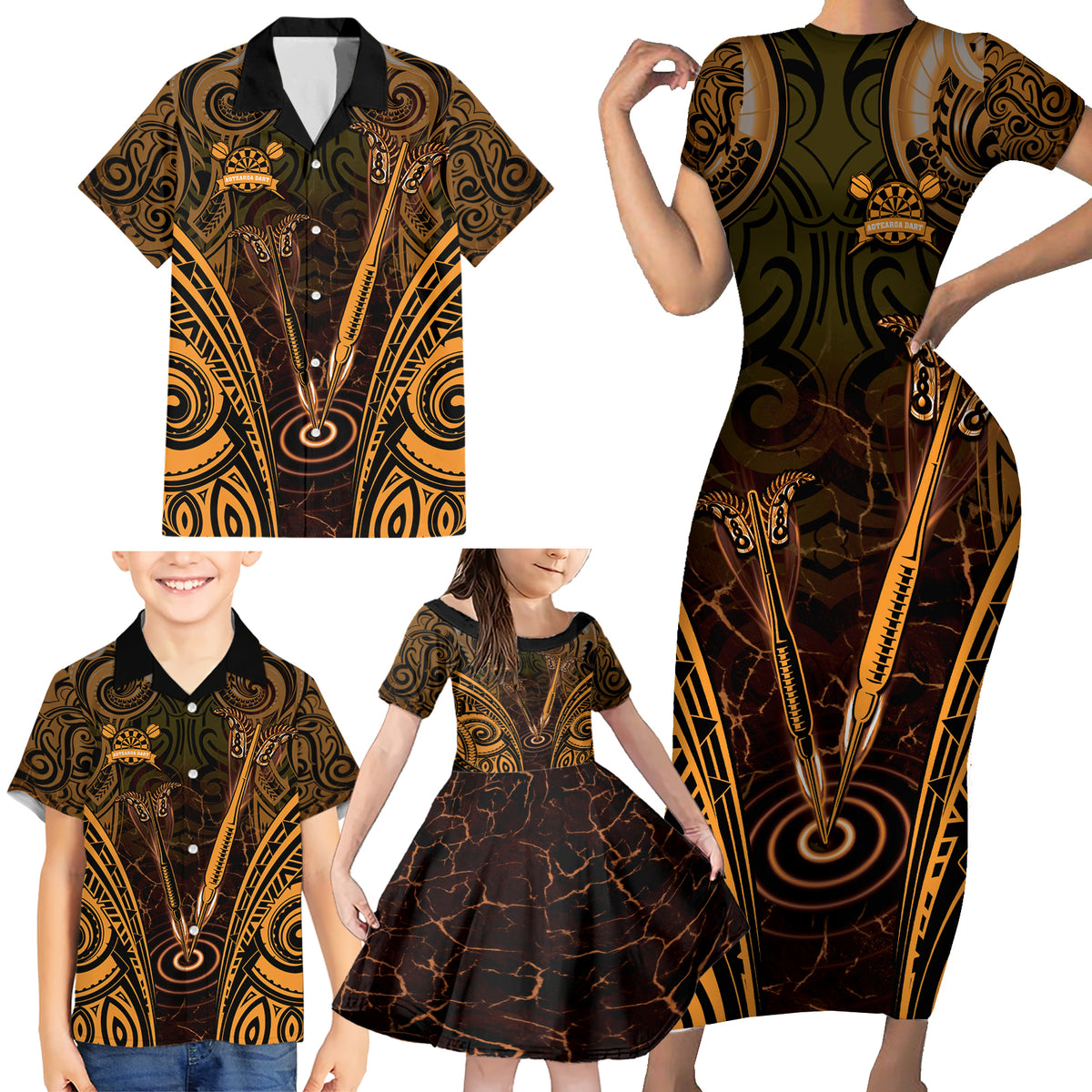 Personalised New Zealand Darts Family Matching Short Sleeve Bodycon Dress and Hawaiian Shirt Gold Dart Board Maori Pattern LT05 - Polynesian Pride