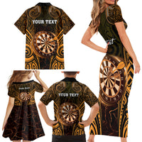 Personalised New Zealand Darts Family Matching Short Sleeve Bodycon Dress and Hawaiian Shirt Gold Dart Board Maori Pattern LT05 - Polynesian Pride