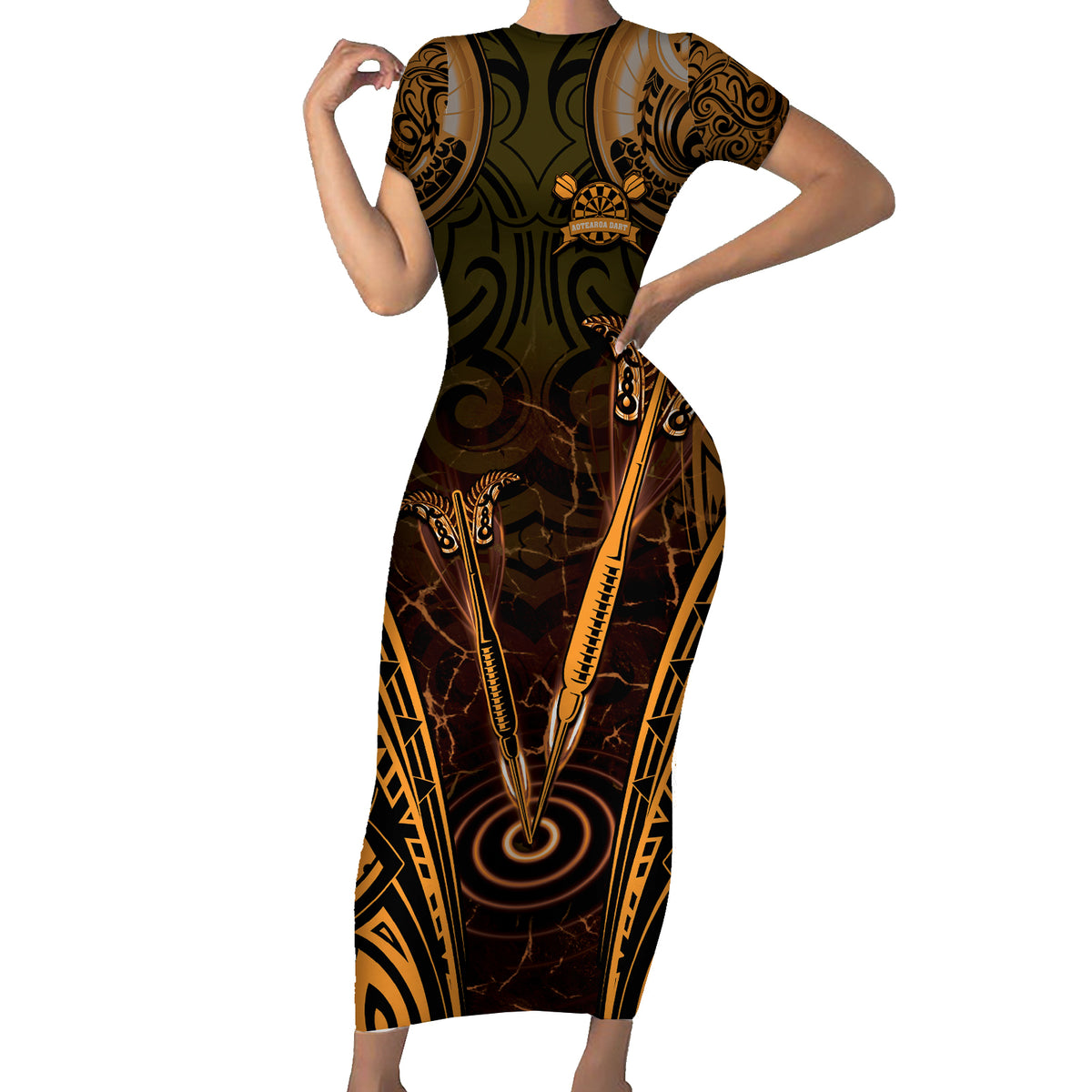Personalised New Zealand Darts Family Matching Short Sleeve Bodycon Dress and Hawaiian Shirt Gold Dart Board Maori Pattern LT05 Mom's Dress Gold - Polynesian Pride