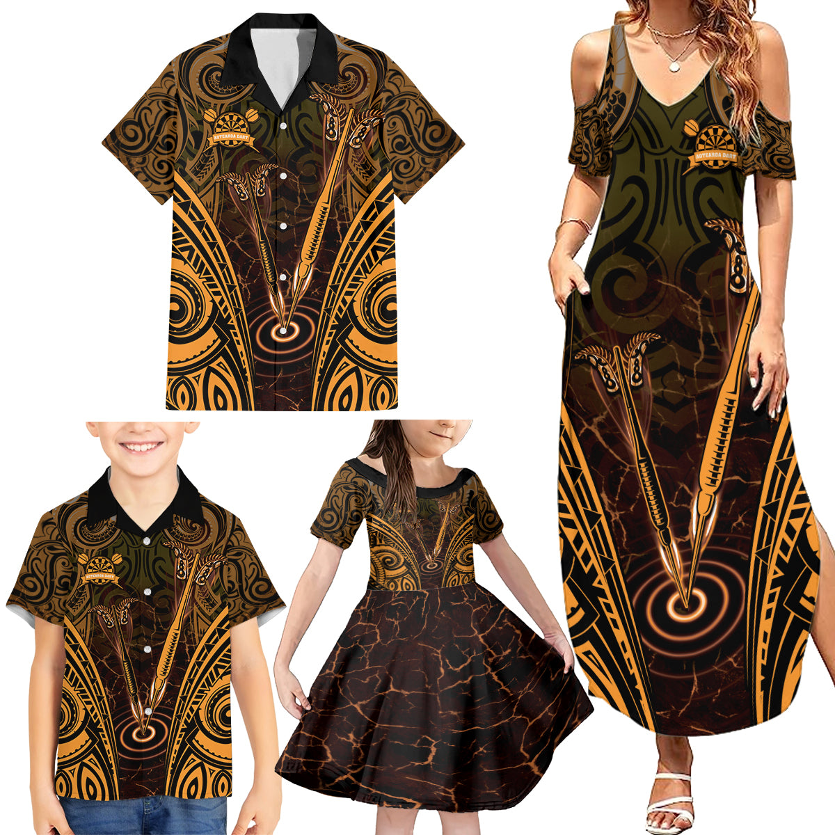 Personalised New Zealand Darts Family Matching Summer Maxi Dress and Hawaiian Shirt Gold Dart Board Maori Pattern LT05 - Polynesian Pride