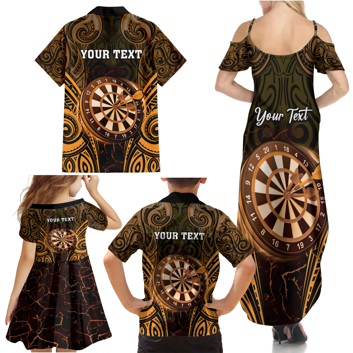 Personalised New Zealand Darts Family Matching Summer Maxi Dress and Hawaiian Shirt Gold Dart Board Maori Pattern LT05 - Polynesian Pride