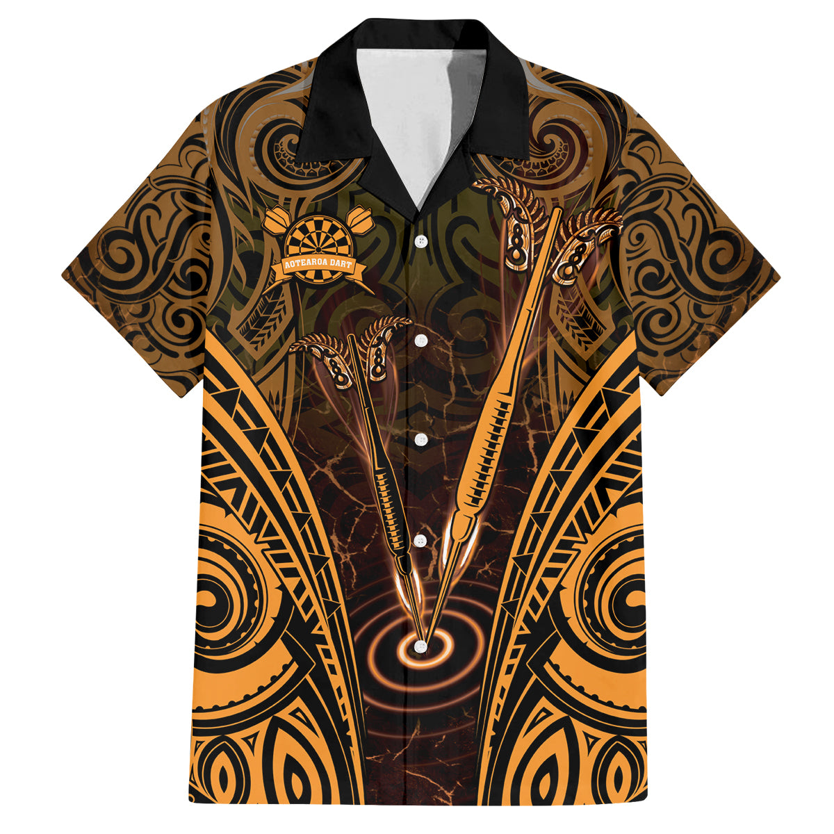 Personalised New Zealand Darts Family Matching Summer Maxi Dress and Hawaiian Shirt Gold Dart Board Maori Pattern LT05 Dad's Shirt - Short Sleeve Gold - Polynesian Pride