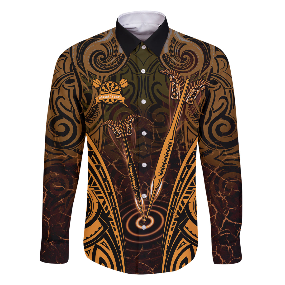 Personalised New Zealand Darts Family Matching Summer Maxi Dress and Hawaiian Shirt Gold Dart Board Maori Pattern LT05 Dad's Shirt - Long Sleeve Gold - Polynesian Pride