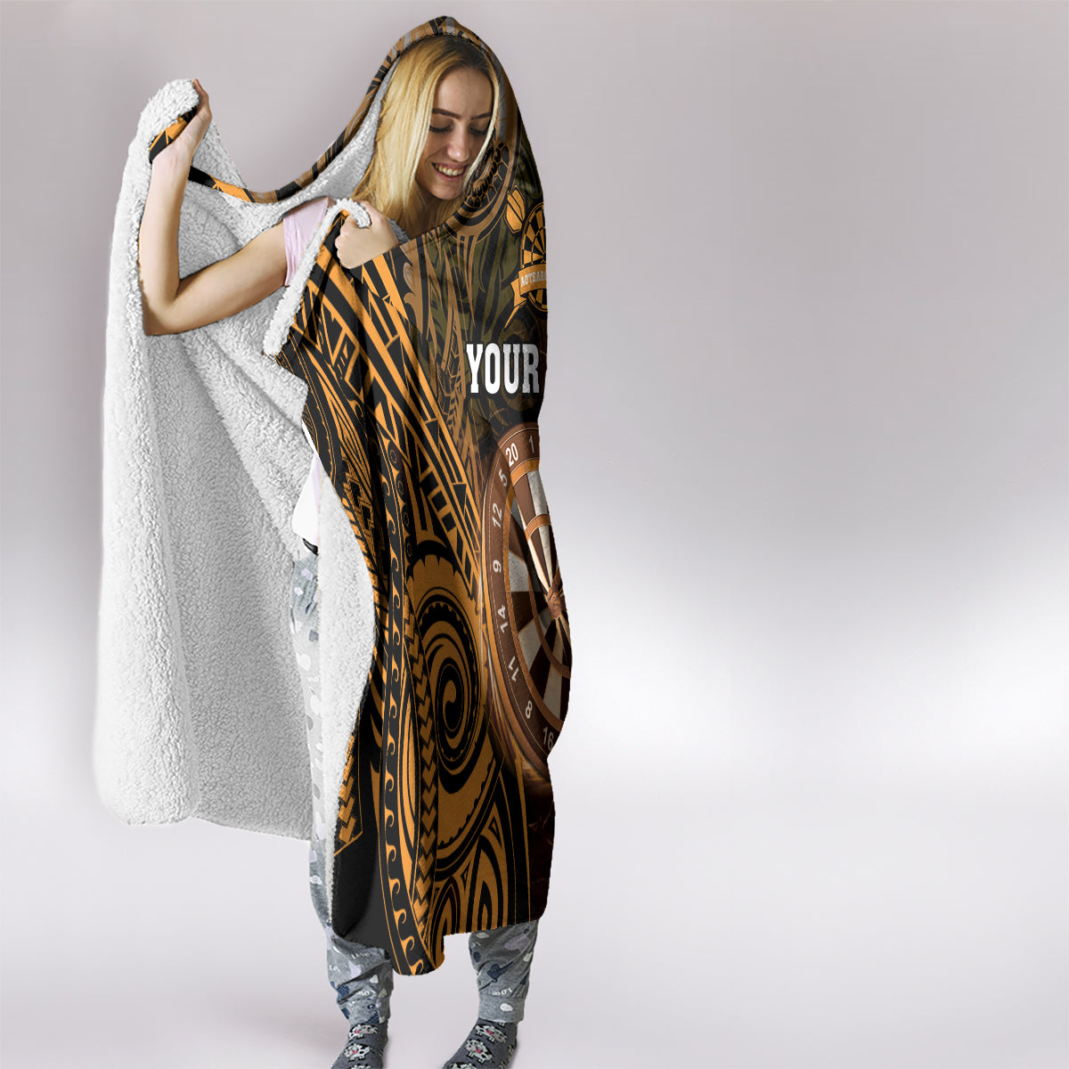 Personalised New Zealand Darts Hooded Blanket Gold Dart Board Maori Pattern