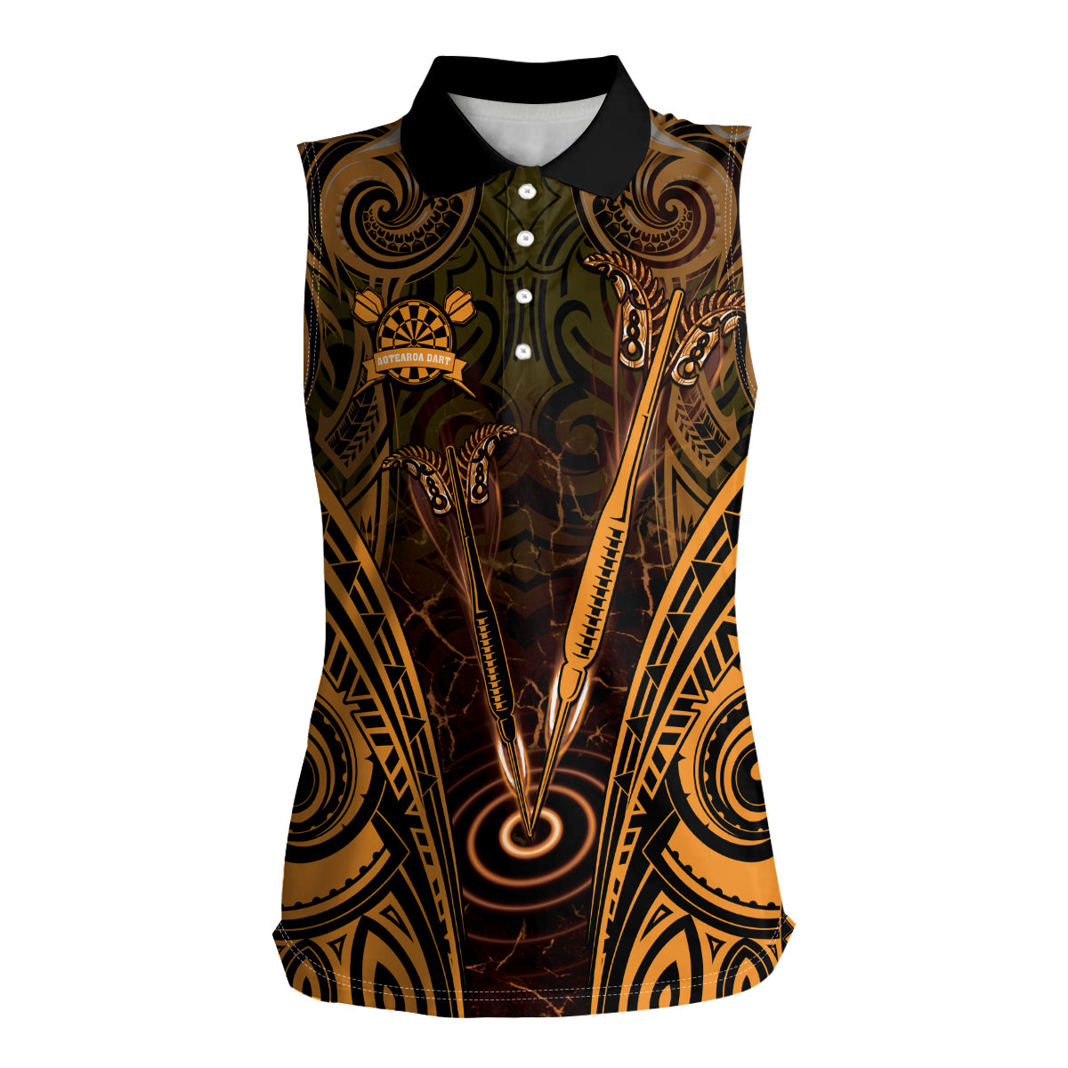 Personalised New Zealand Darts Women Sleeveless Polo Shirt Gold Dart Board Maori Pattern LT05 Female Gold - Polynesian Pride