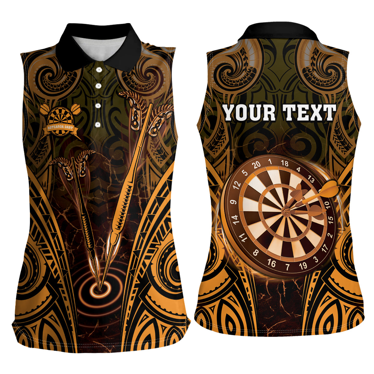 Personalised New Zealand Darts Women Sleeveless Polo Shirt Gold Dart Board Maori Pattern LT05 - Polynesian Pride