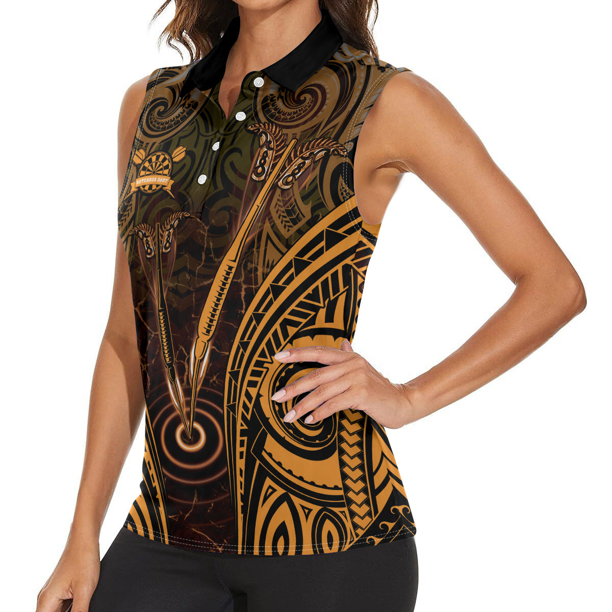 Personalised New Zealand Darts Women Sleeveless Polo Shirt Gold Dart Board Maori Pattern LT05 - Polynesian Pride