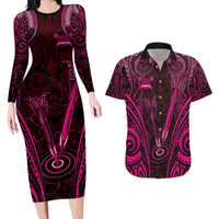 Personalised New Zealand Darts Couples Matching Long Sleeve Bodycon Dress and Hawaiian Shirt Pink Dart Board Maori Pattern LT05 Pink - Polynesian Pride