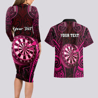 Personalised New Zealand Darts Couples Matching Long Sleeve Bodycon Dress and Hawaiian Shirt Pink Dart Board Maori Pattern LT05 - Polynesian Pride