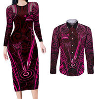 Personalised New Zealand Darts Couples Matching Long Sleeve Bodycon Dress and Long Sleeve Button Shirt Pink Dart Board Maori Pattern LT05 Pink - Polynesian Pride