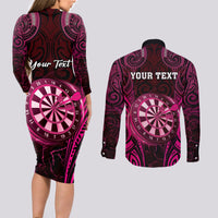 Personalised New Zealand Darts Couples Matching Long Sleeve Bodycon Dress and Long Sleeve Button Shirt Pink Dart Board Maori Pattern LT05 - Polynesian Pride