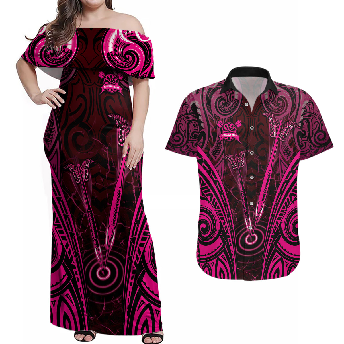 Personalised New Zealand Darts Couples Matching Off Shoulder Maxi Dress and Hawaiian Shirt Pink Dart Board Maori Pattern LT05 Pink - Polynesian Pride
