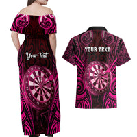 Personalised New Zealand Darts Couples Matching Off Shoulder Maxi Dress and Hawaiian Shirt Pink Dart Board Maori Pattern LT05 - Polynesian Pride