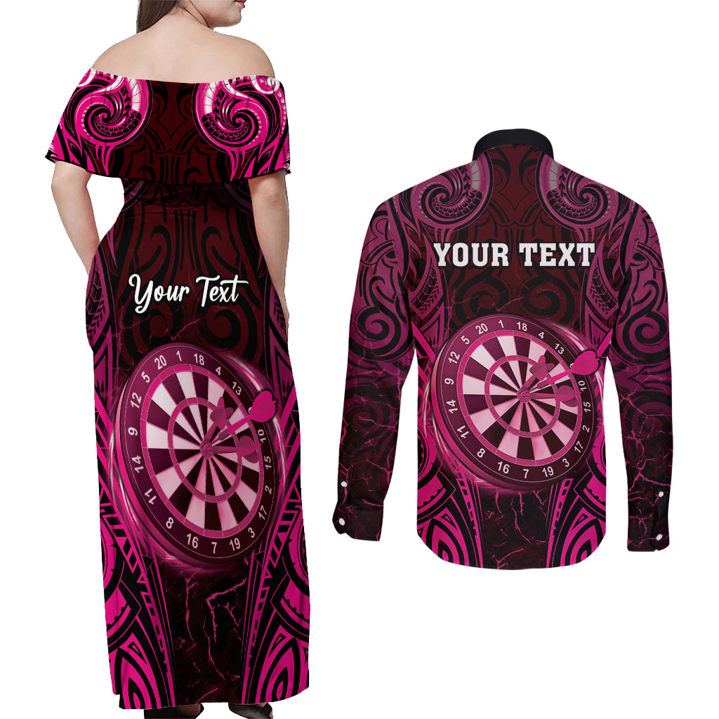 Personalised New Zealand Darts Couples Matching Off Shoulder Maxi Dress and Long Sleeve Button Shirt Pink Dart Board Maori Pattern LT05 - Polynesian Pride