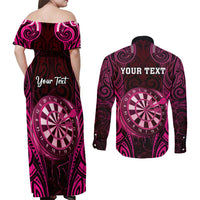 Personalised New Zealand Darts Couples Matching Off Shoulder Maxi Dress and Long Sleeve Button Shirt Pink Dart Board Maori Pattern LT05 - Polynesian Pride