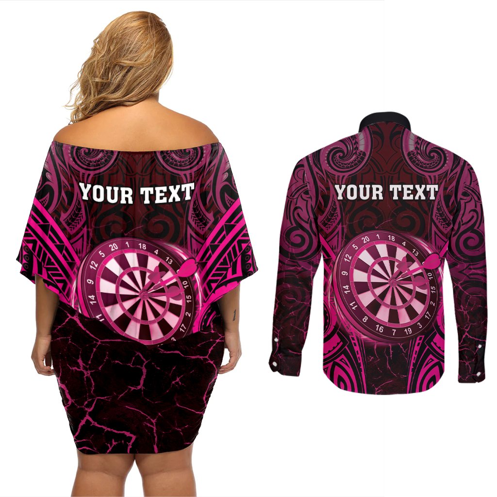 Personalised New Zealand Darts Couples Matching Off Shoulder Short Dress and Long Sleeve Button Shirt Pink Dart Board Maori Pattern LT05 - Polynesian Pride