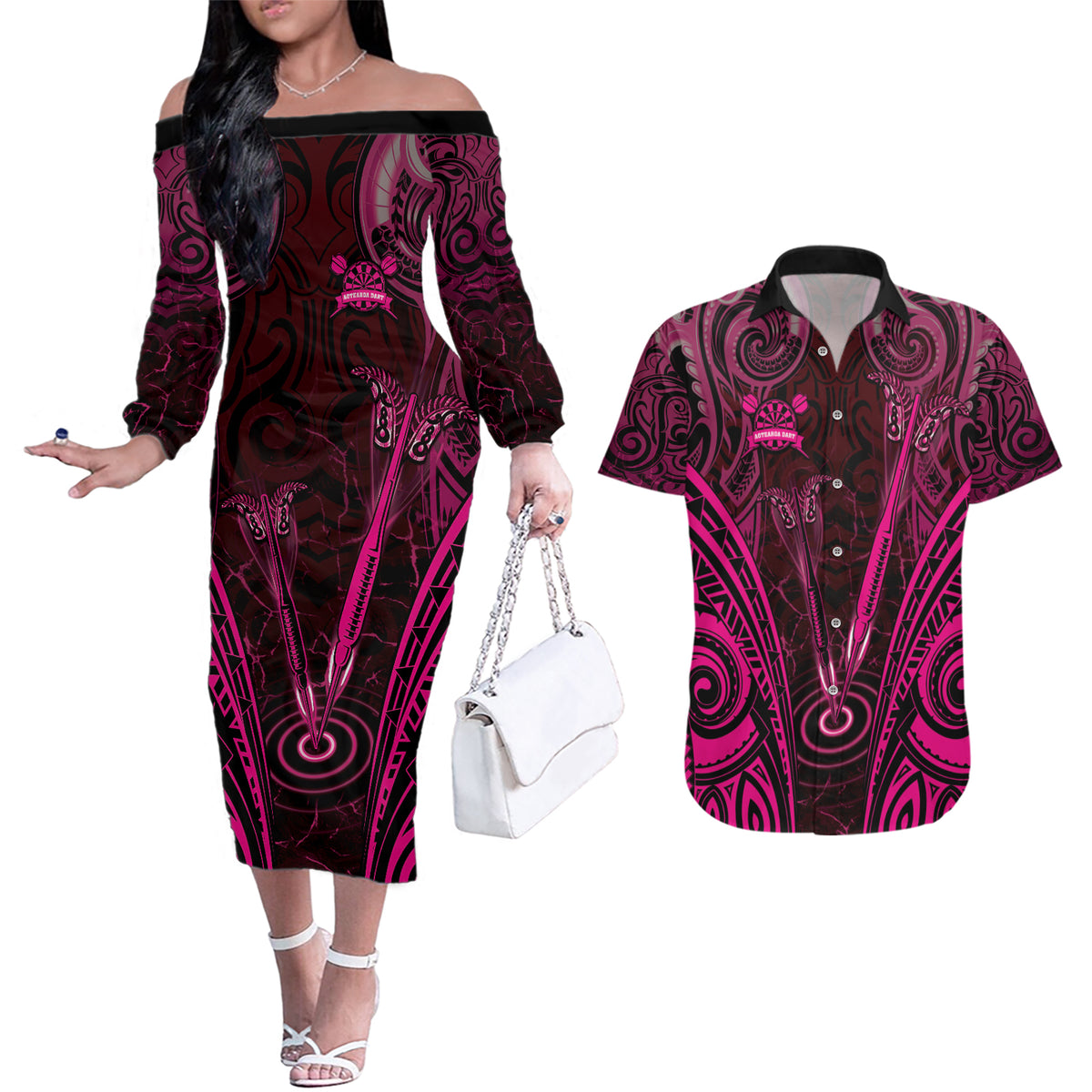 Personalised New Zealand Darts Couples Matching Off The Shoulder Long Sleeve Dress and Hawaiian Shirt Pink Dart Board Maori Pattern LT05 Pink - Polynesian Pride