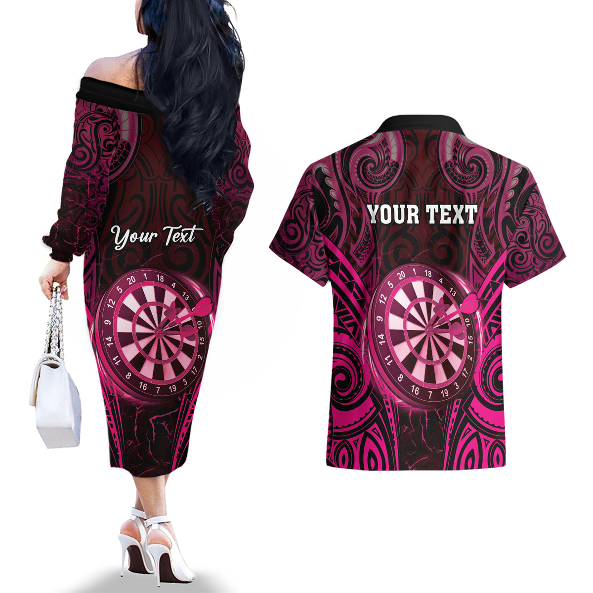 Personalised New Zealand Darts Couples Matching Off The Shoulder Long Sleeve Dress and Hawaiian Shirt Pink Dart Board Maori Pattern LT05 - Polynesian Pride