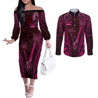 Personalised New Zealand Darts Couples Matching Off The Shoulder Long Sleeve Dress and Long Sleeve Button Shirt Pink Dart Board Maori Pattern LT05 Pink - Polynesian Pride