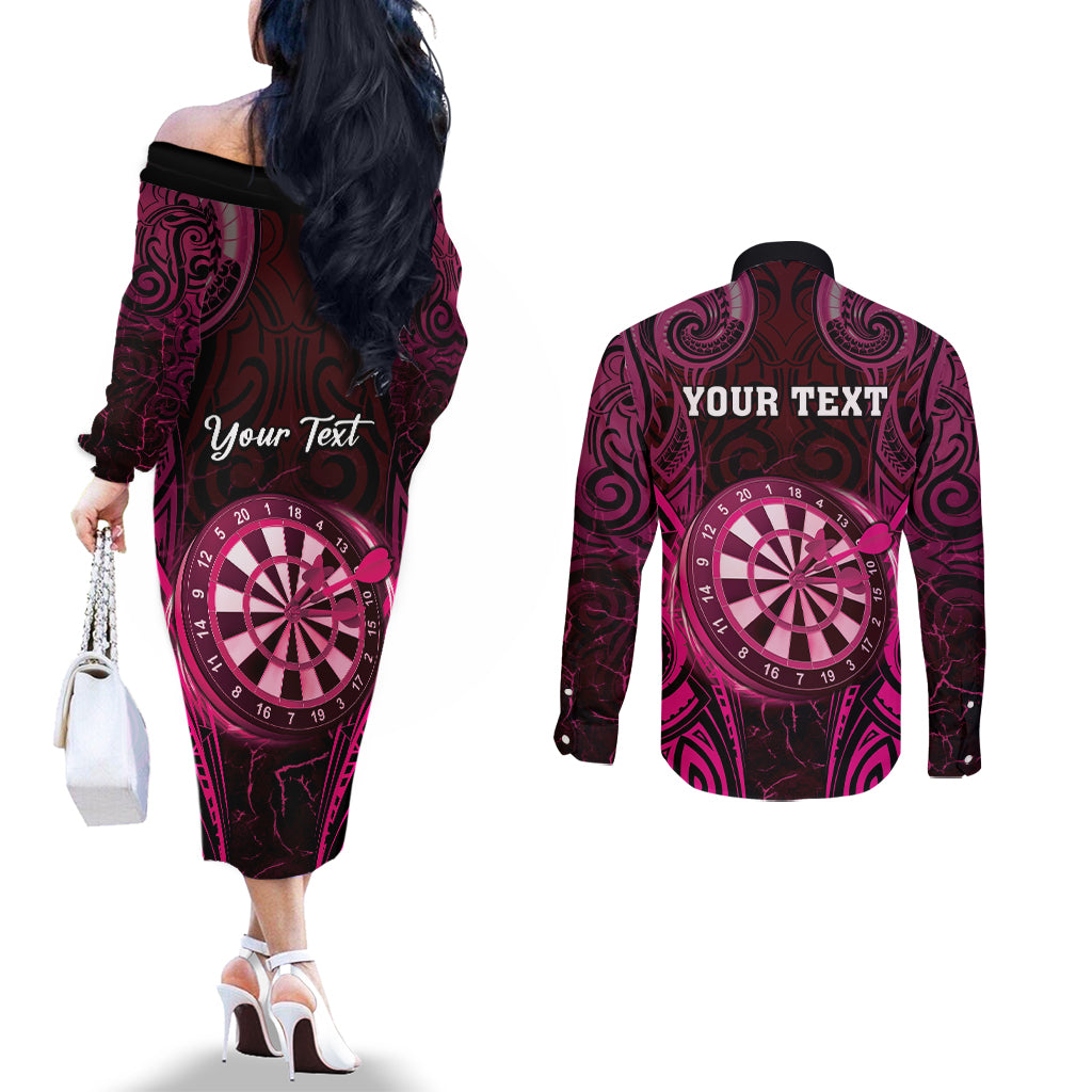 Personalised New Zealand Darts Couples Matching Off The Shoulder Long Sleeve Dress and Long Sleeve Button Shirt Pink Dart Board Maori Pattern LT05 - Polynesian Pride