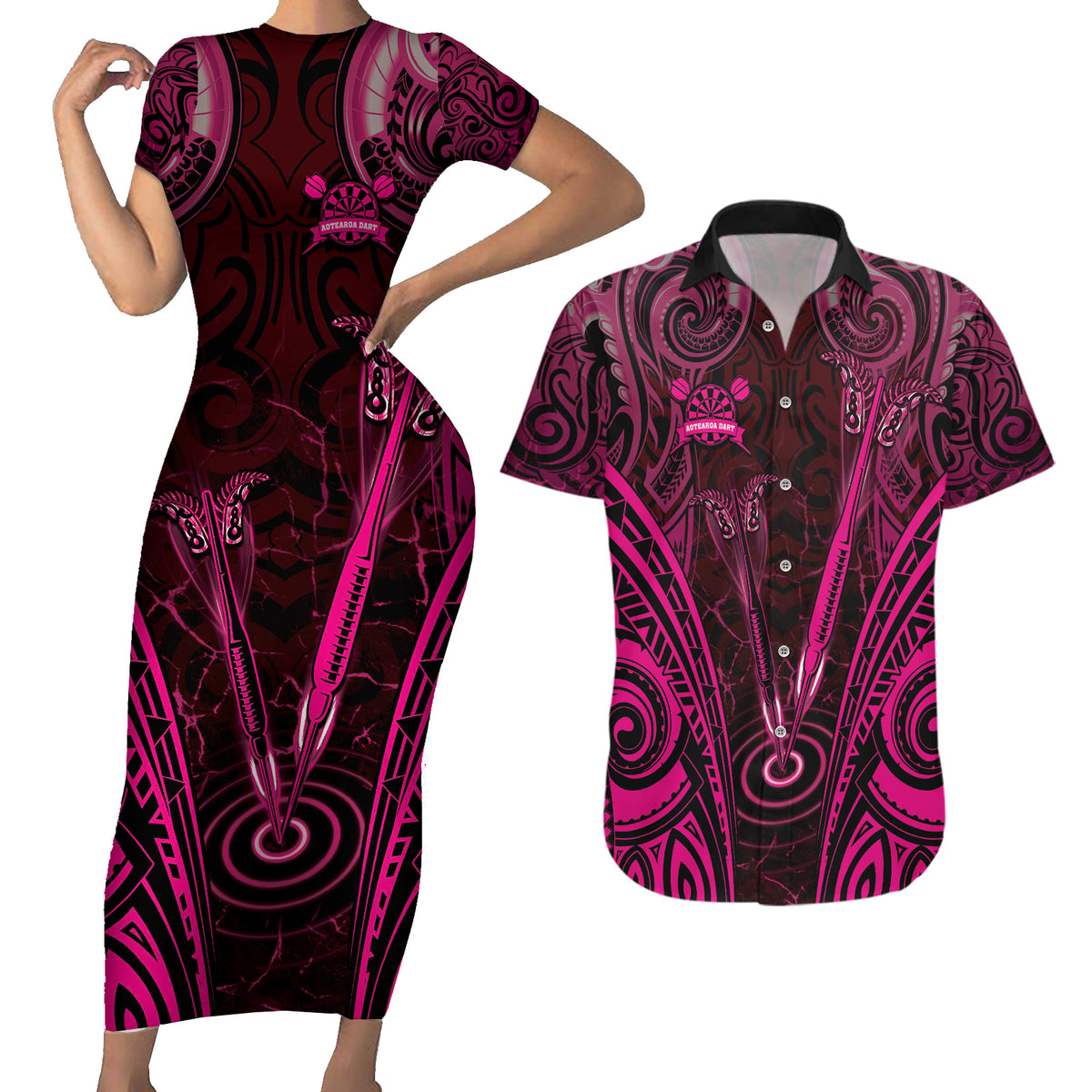 Personalised New Zealand Darts Couples Matching Short Sleeve Bodycon Dress and Hawaiian Shirt Pink Dart Board Maori Pattern LT05 Pink - Polynesian Pride