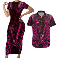 Personalised New Zealand Darts Couples Matching Short Sleeve Bodycon Dress and Hawaiian Shirt Pink Dart Board Maori Pattern LT05 Pink - Polynesian Pride