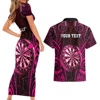 Personalised New Zealand Darts Couples Matching Short Sleeve Bodycon Dress and Hawaiian Shirt Pink Dart Board Maori Pattern LT05 - Polynesian Pride