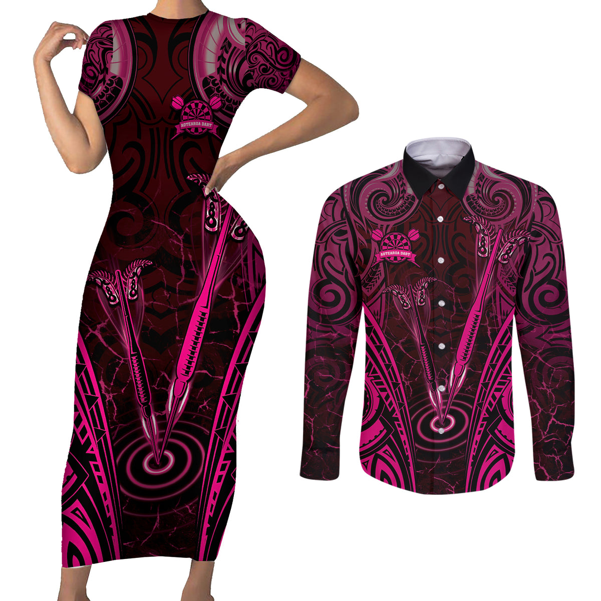 Personalised New Zealand Darts Couples Matching Short Sleeve Bodycon Dress and Long Sleeve Button Shirt Pink Dart Board Maori Pattern LT05 Pink - Polynesian Pride