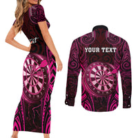 Personalised New Zealand Darts Couples Matching Short Sleeve Bodycon Dress and Long Sleeve Button Shirt Pink Dart Board Maori Pattern LT05 - Polynesian Pride