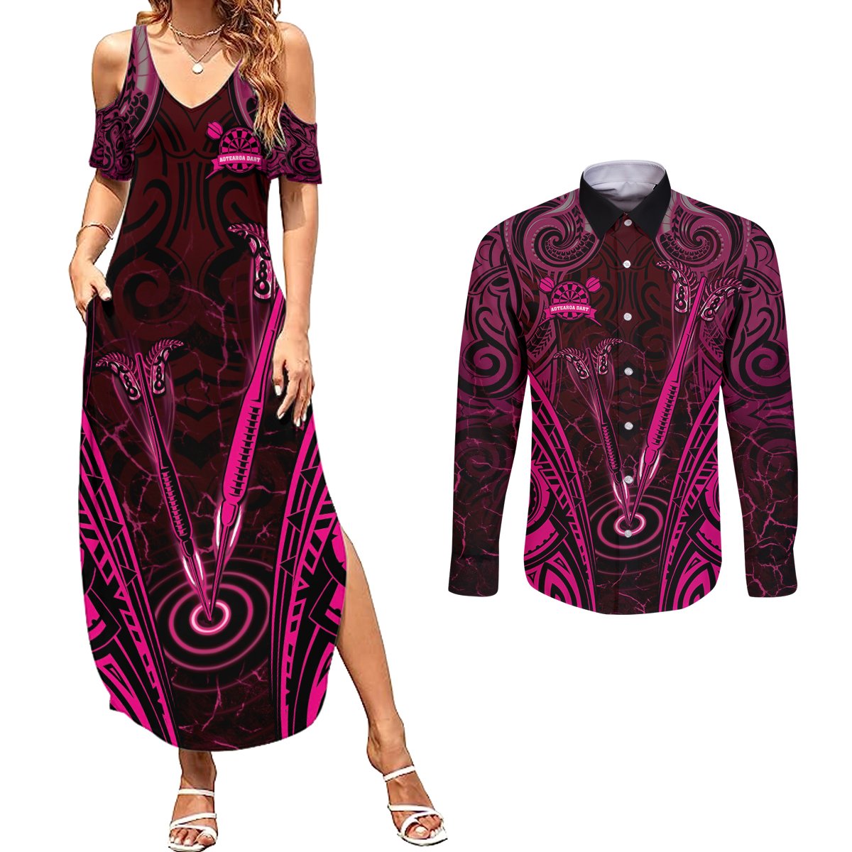 Personalised New Zealand Darts Couples Matching Summer Maxi Dress and Long Sleeve Button Shirt Pink Dart Board Maori Pattern LT05 Pink - Polynesian Pride